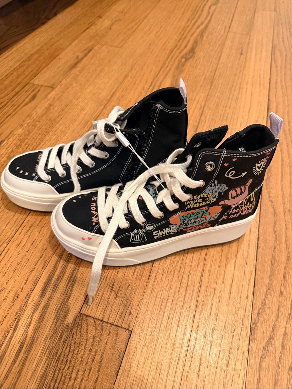 Zara Black Graffiti High-Top Sneakers with White Laces
